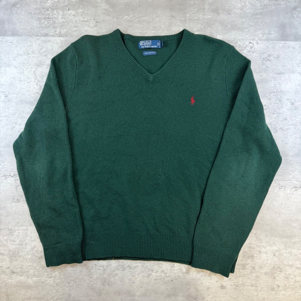 Polo Ralph Lauren Mens XL Forest Green 100% Lambswool V-Neck Sweater Pony Logo